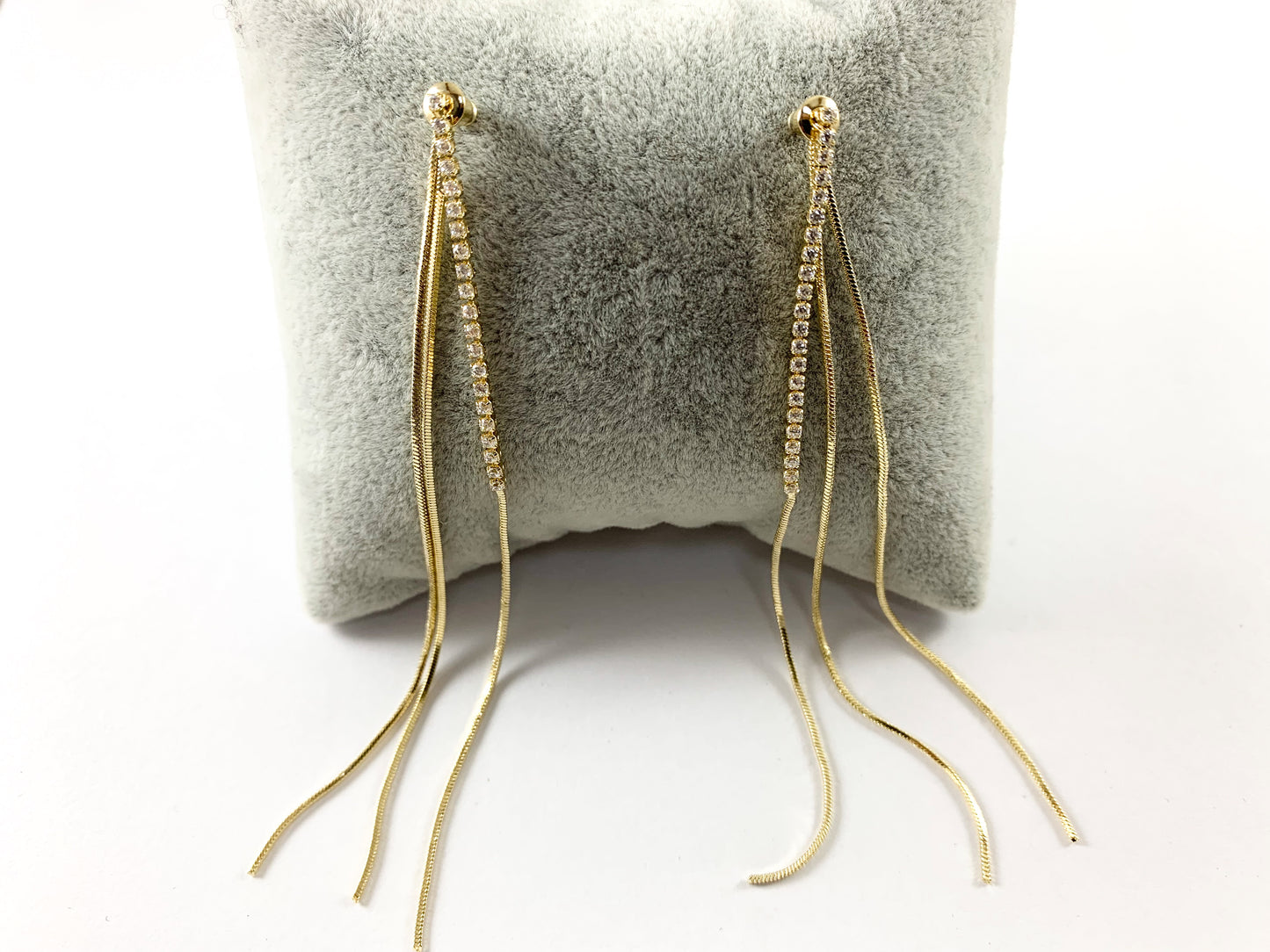 Real 18K Gold or Silver Plated CZ Pave Long Dainty Tassel Earring Over Copper 1 pair