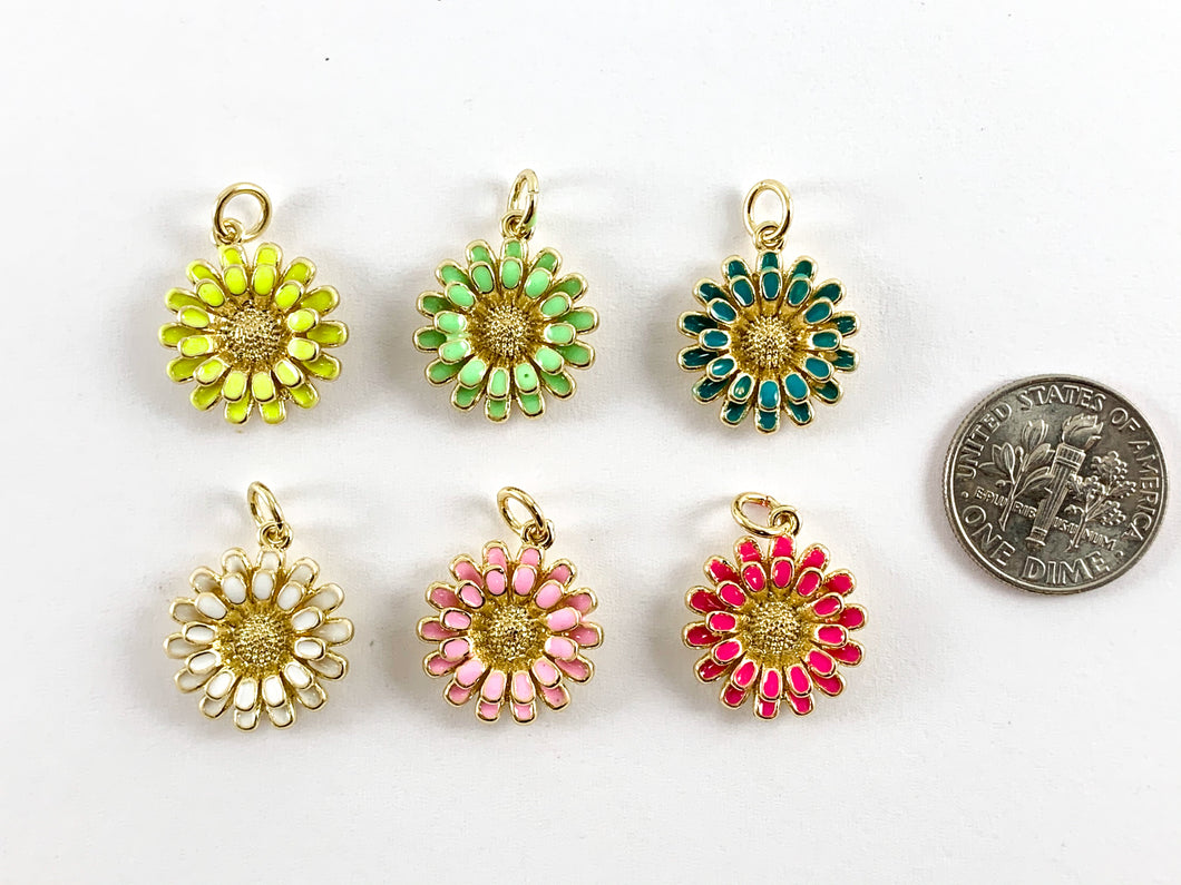 Colorful Enamel Daisy 18K Gold Plated Copper Charm Pendants 5pcs