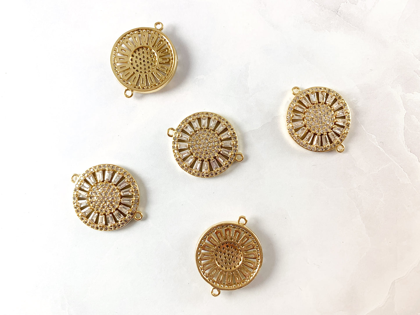 18K Gold Plated CZ Cubic Zirconia Pave Daisy Coin Connector Over Copper 5 pcs
