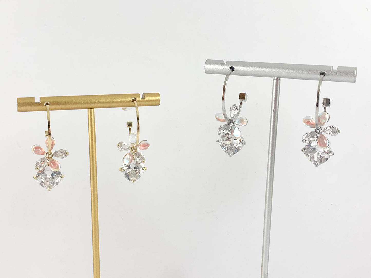 Daisy Diamond Shaped Rhinestone CZ Pave Dangle Earring Hoops in 18K Gold or Silver plated over Copper 2 pairs
