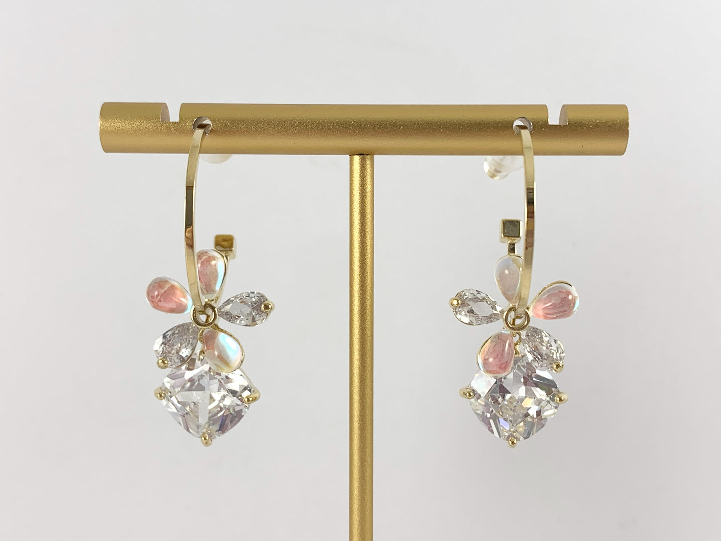 Daisy Diamond Shaped Rhinestone CZ Pave Dangle Earring Hoops in 18K Gold or Silver plated over Copper 2 pairs