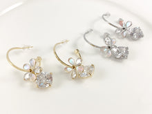 Load image into Gallery viewer, Daisy Diamond Shaped Rhinestone CZ Pave Dangle Earring Hoops in 18K Gold or Silver plated over Copper 2 pairs
