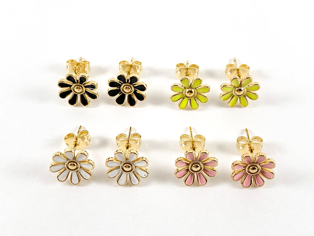 Real 18K Gold Plated Enamel Daisy Flower Earring Post Over Copper 5pairs