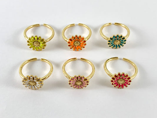 Colorful Enamel Daisy 18K Gold Plated Copper Adjustable Ring 4 pcs
