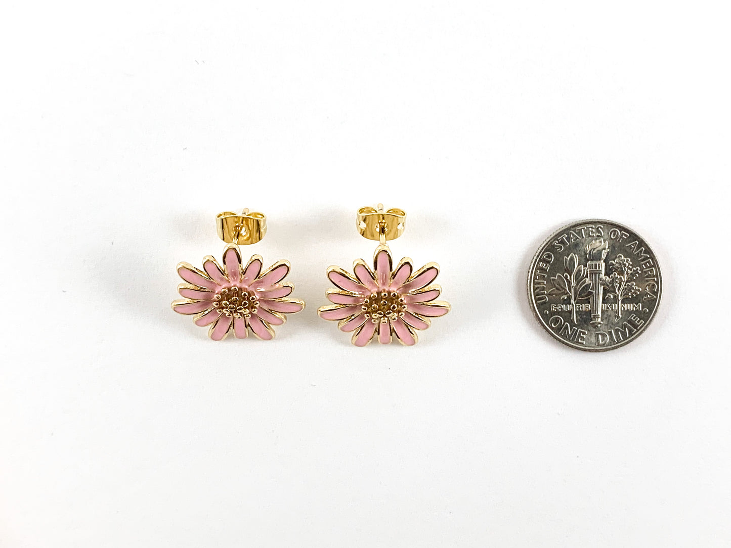 Real 18K Gold Plated Enamel Daisy Flower Earring Post Over Copper 3pairs