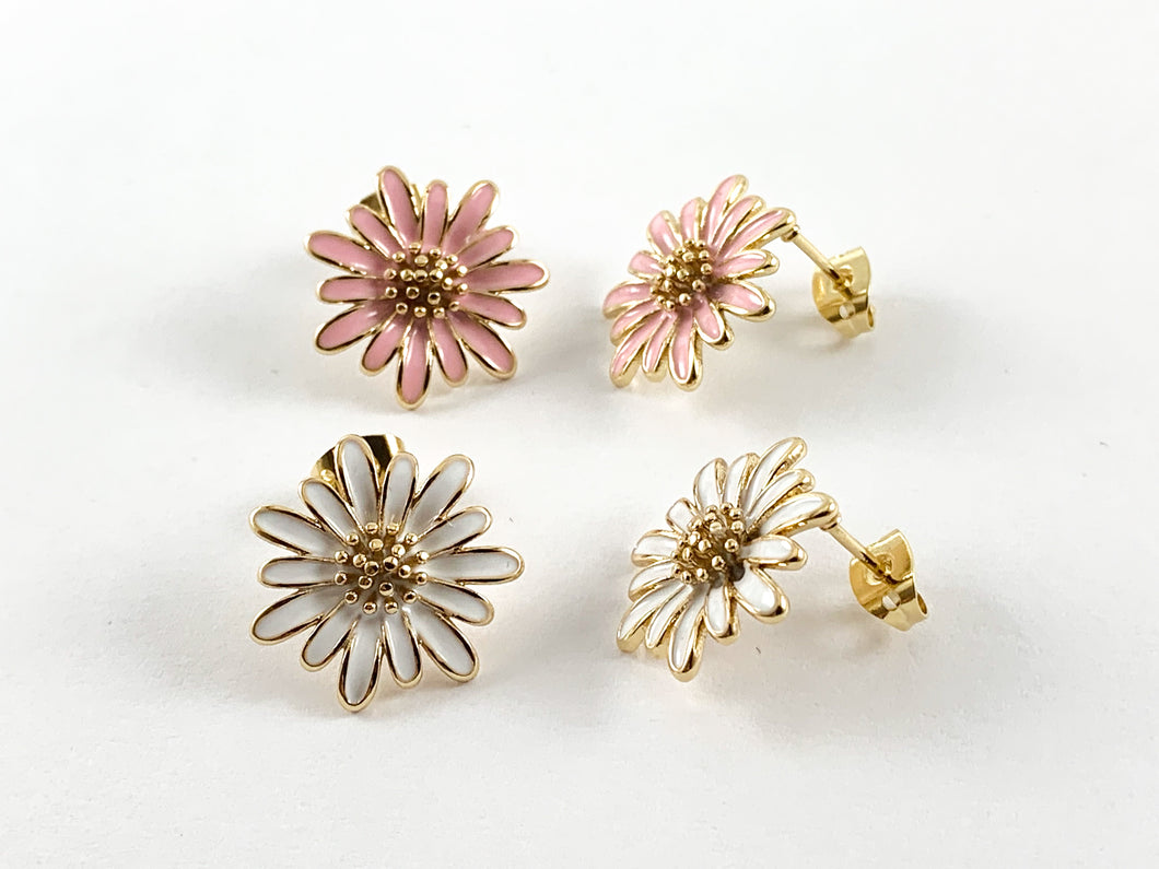 Real 18K Gold Plated Enamel Daisy Flower Earring Post Over Copper 3pairs