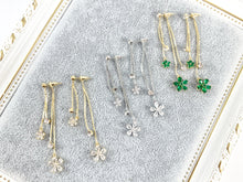 Load image into Gallery viewer, Real 18K Gold/Silver Plated CZ Pave Green Daisy Dangle Tassel Earrings Over Copper 1 pair
