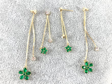 Load image into Gallery viewer, Real 18K Gold/Silver Plated CZ Pave Green Daisy Dangle Tassel Earrings Over Copper 1 pair
