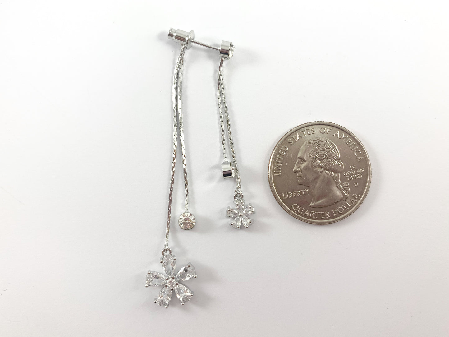 Real 18K Gold/Silver Plated CZ Pave Green Daisy Dangle Tassel Earrings Over Copper 1 pair