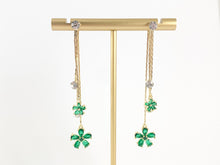 Load image into Gallery viewer, Real 18K Gold/Silver Plated CZ Pave Green Daisy Dangle Tassel Earrings Over Copper 1 pair
