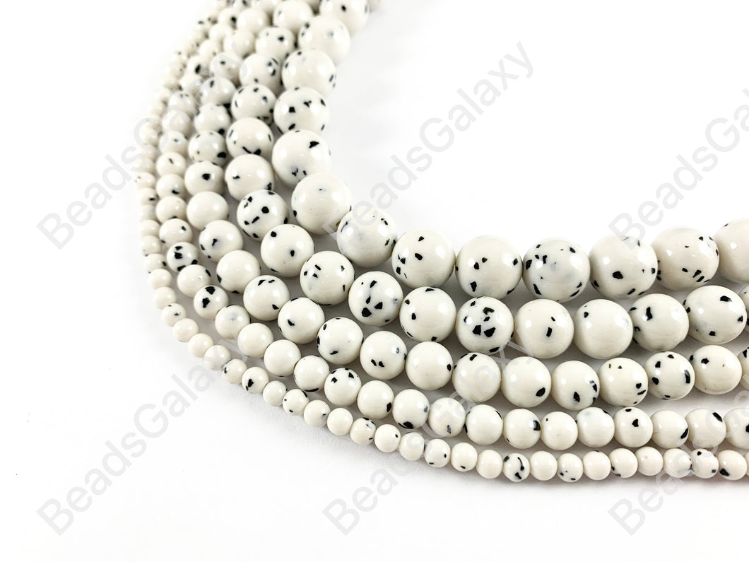 Dalmation Jade - Shiny Smooth Polka Dot Black Flake Round Beads around 15 inch Strands