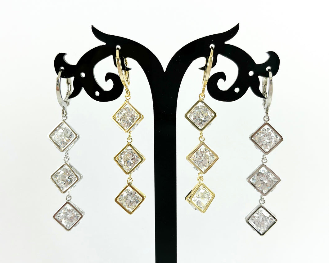 Diamond Shaped Rhinestone CZ Pave Dangle Earring Huggies in 18K Gold or Silver plated over Copper 2 paira