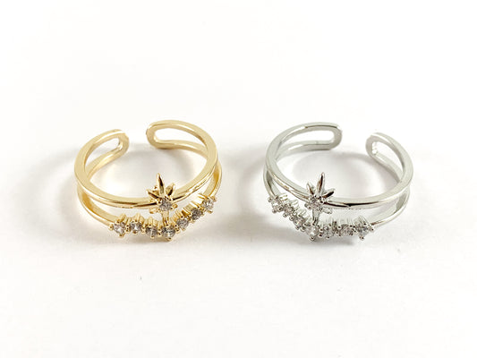 Real Gold/platinum 18K Plated Copper CZ Pave Double Banded Starburst Adjustable Ring 4 pcs