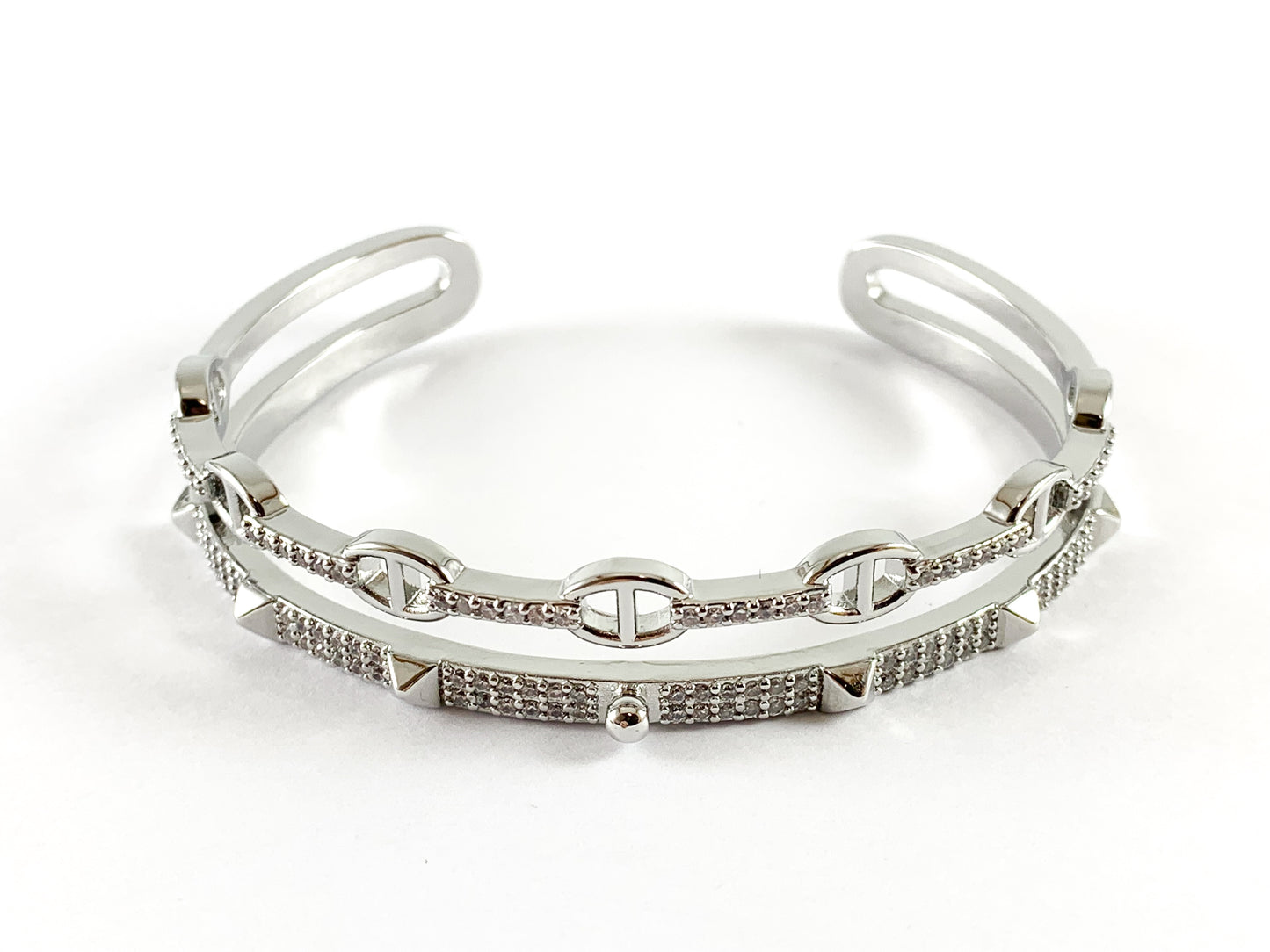 Real Gold/Platinum 18K Plated Copper CZ Pave Spike Double Band Shiny Bracelet Cuff 1 pc