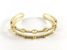 Load image into Gallery viewer, Real Gold/Platinum 18K Plated Copper CZ Pave Spike Double Band Shiny Bracelet Cuff 1 pc
