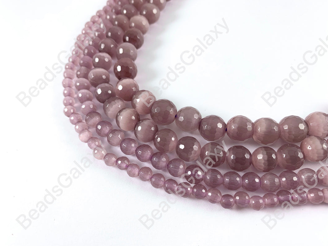 Faceted Round Cat's Eye Dyed Eggplant Purple Beads Around 15