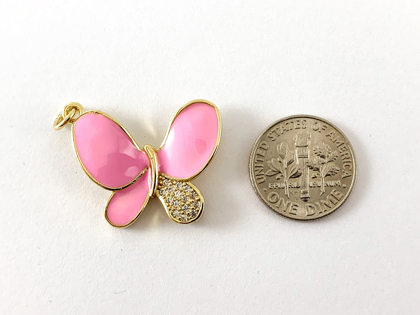 Colgante de mariposa con pavé de circonita y esmalte chapado en oro real de 18 quilates sobre cobre, 4 piezas