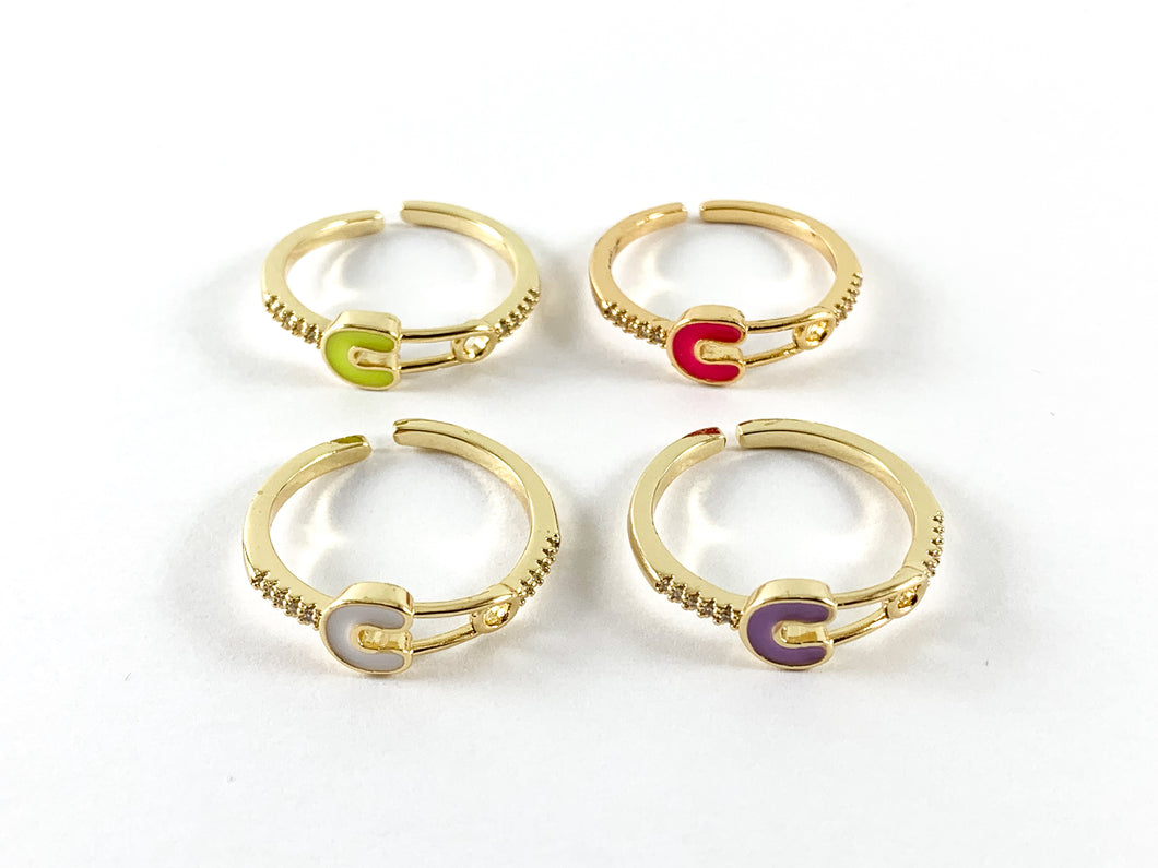 Neon Colorful Enamel 18K Gold Plated Copper CZ Pave Adjustable Ring 4pcs