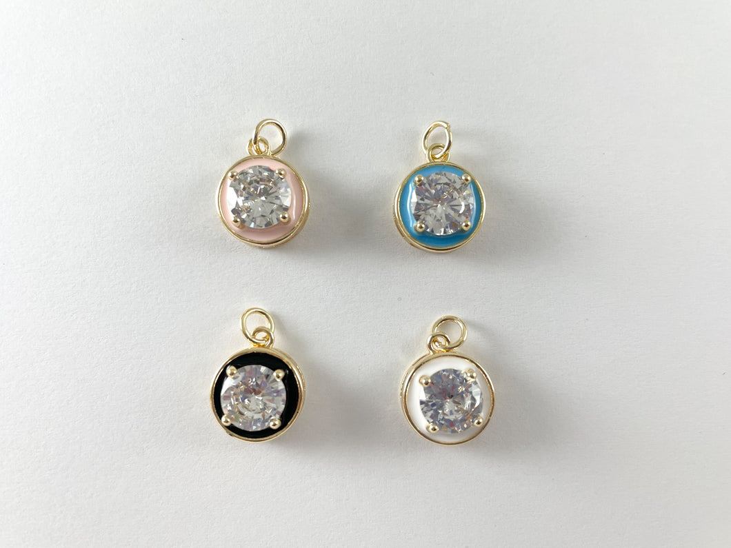 18K Gold Plated Enamel CZ Pave Coin Charms Over Copper 6pcs