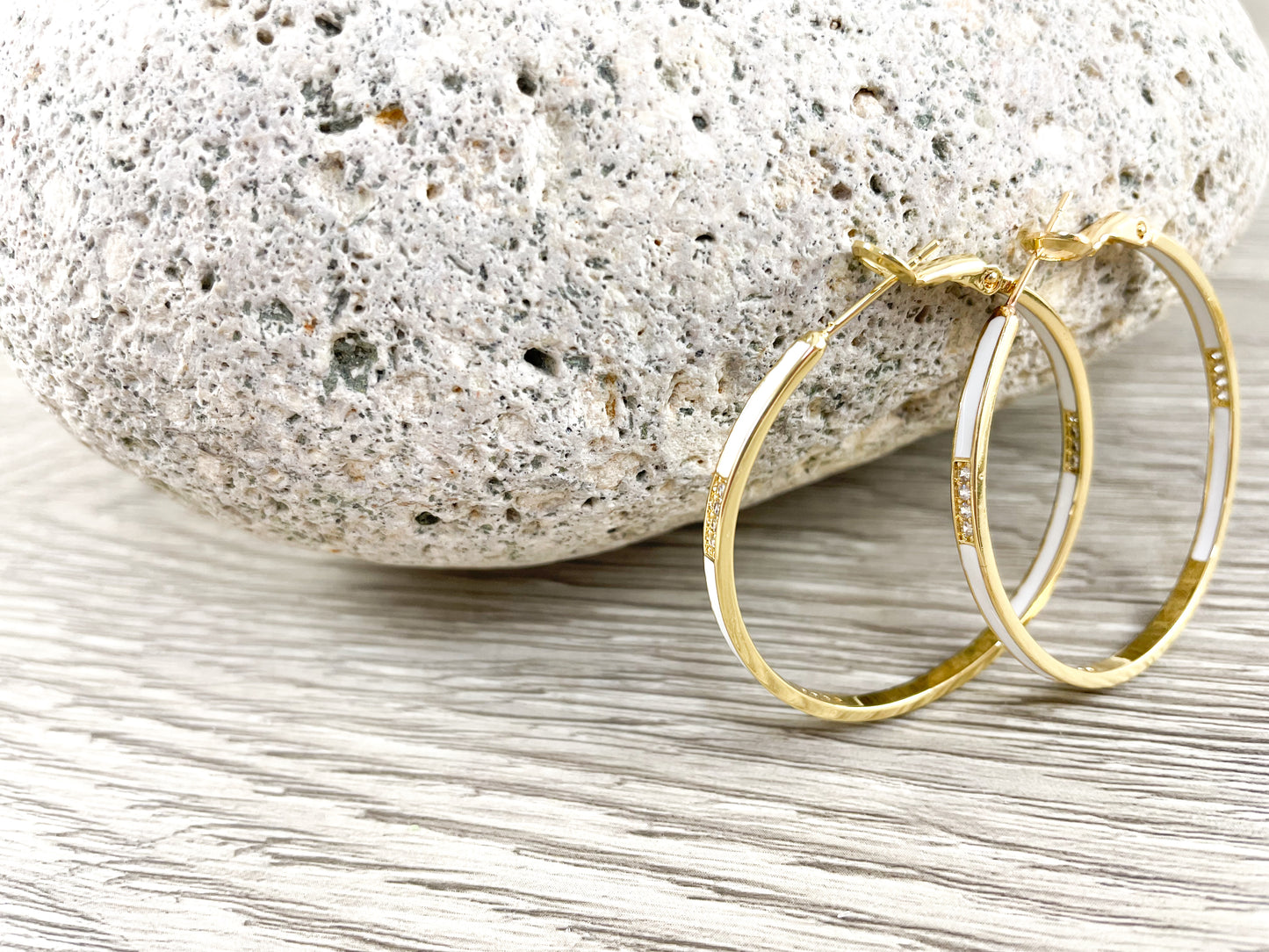 18K Gold Plated Enamel Pastel Thin CZ Pave Earring Hoops in a Copper Base 2 pairs