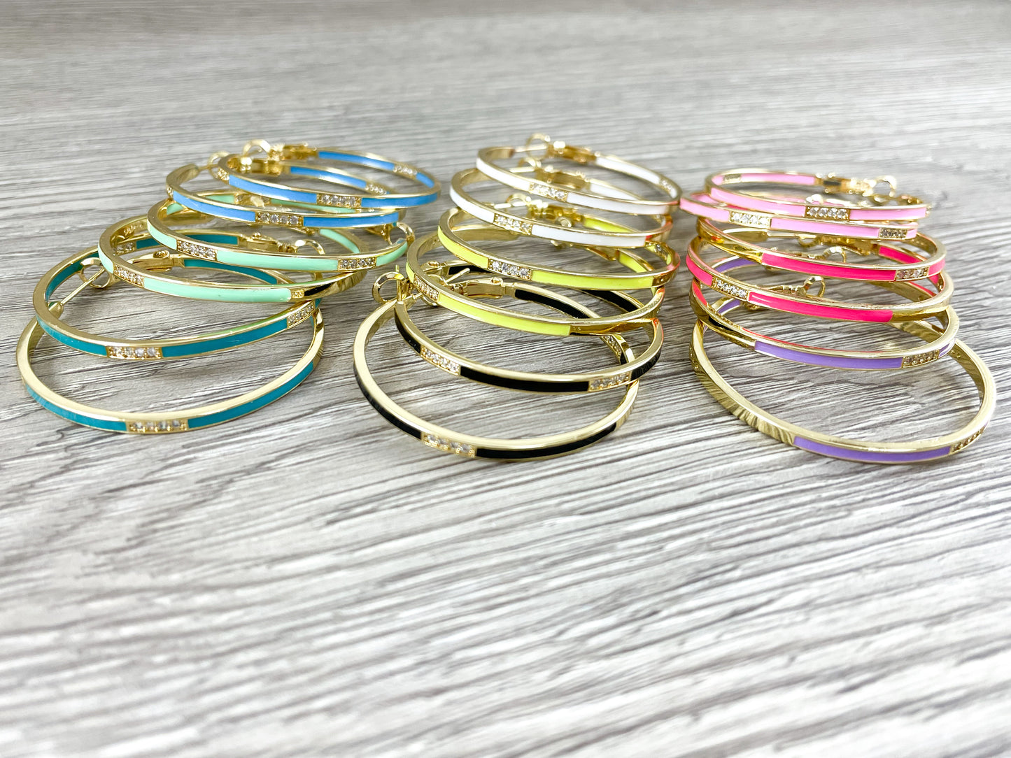 18K Gold Plated Enamel Pastel Thin CZ Pave Earring Hoops in a Copper Base 2 pairs