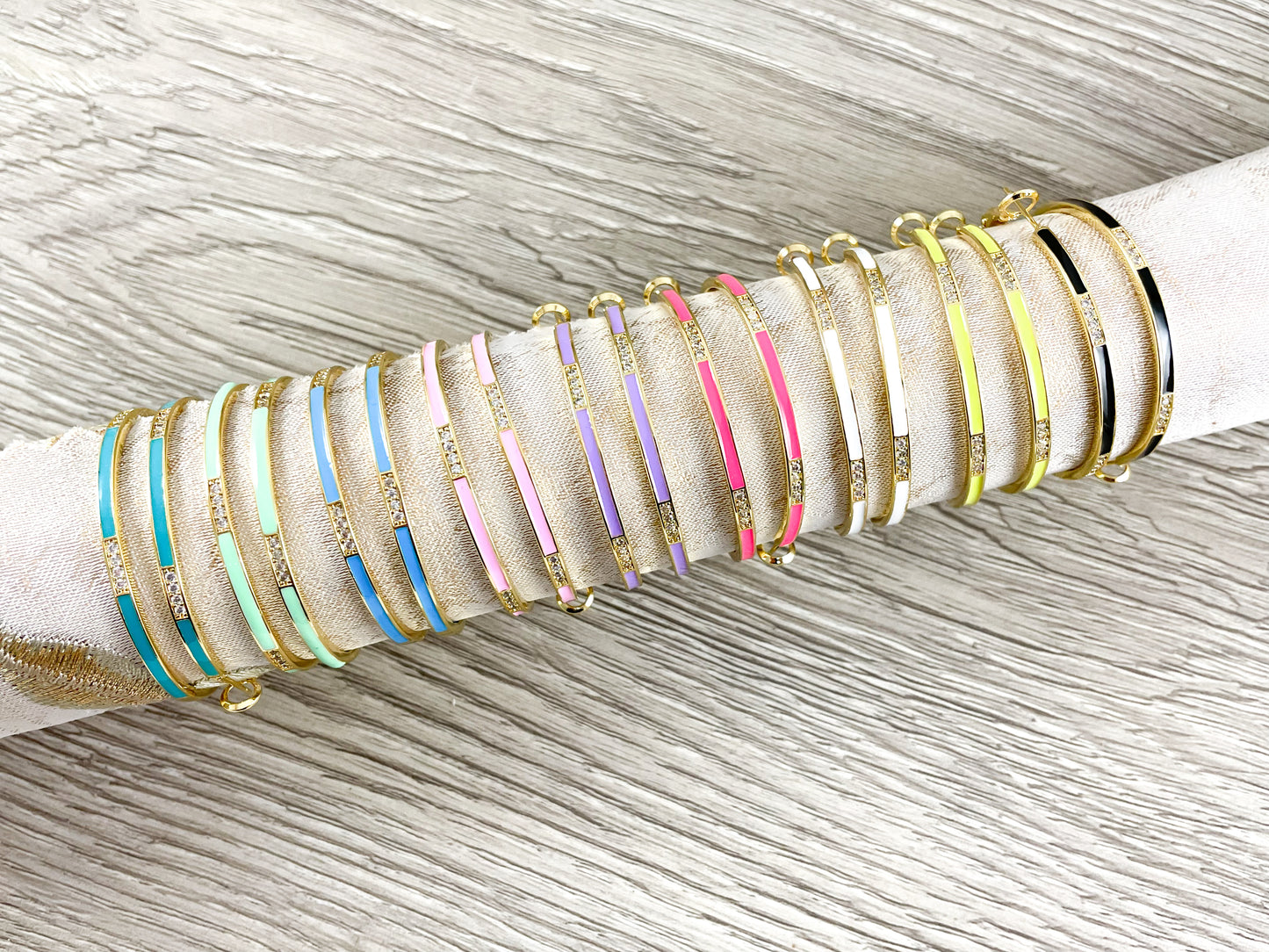 18K Gold Plated Enamel Pastel Thin CZ Pave Earring Hoops in a Copper Base 2 pairs