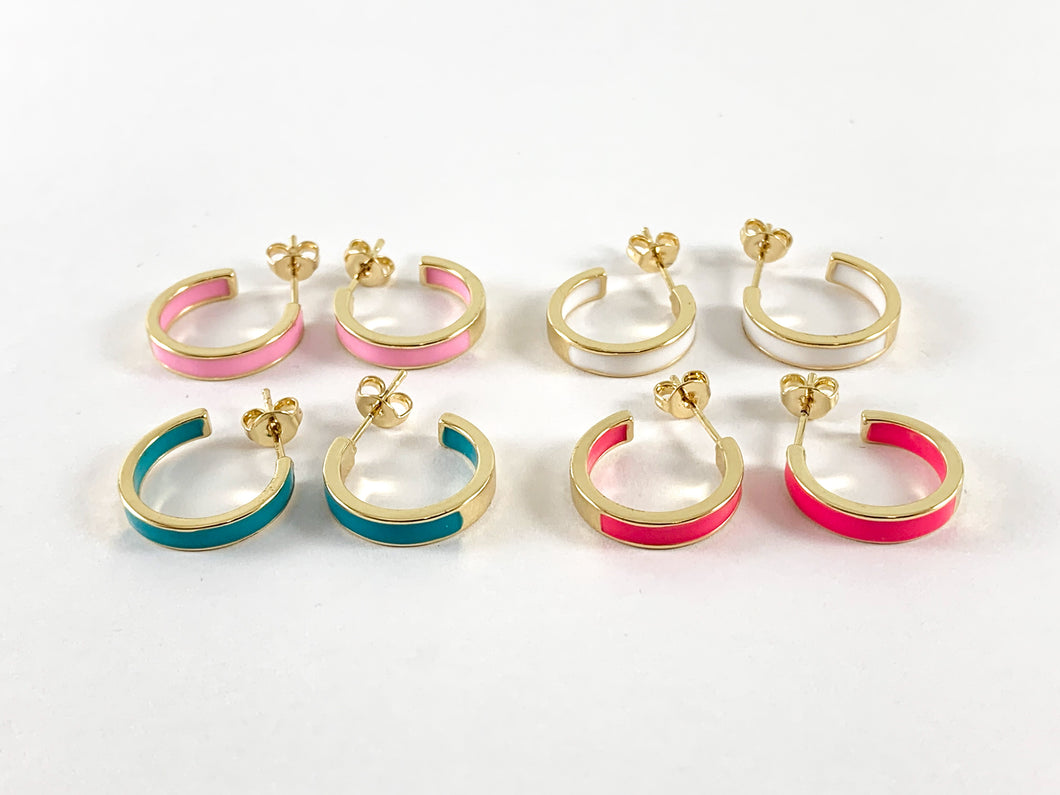 Real Gold 18K Plated Enamel Pastel Gold Earring Hoop Huggies 3pairs