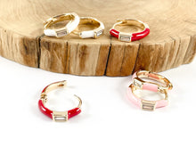 Load image into Gallery viewer, Real Gold 18K Plated CZ Pave Enamel Pink White Red Gold Earring Hoop Huggies 4 pairs
