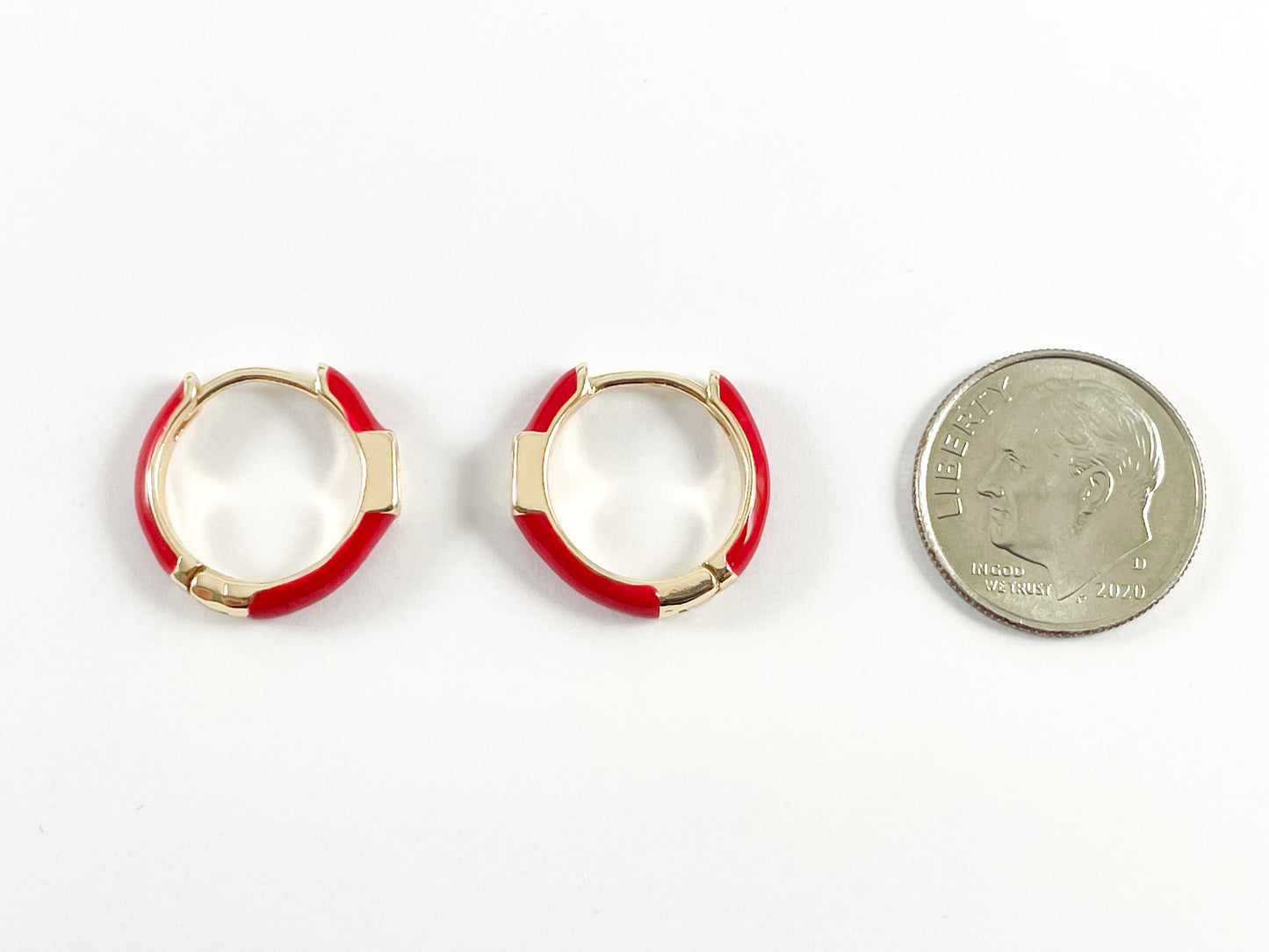 Real Gold 18K Plated CZ Pave Enamel Pink White Red Gold Earring Hoop Huggies 4 pairs