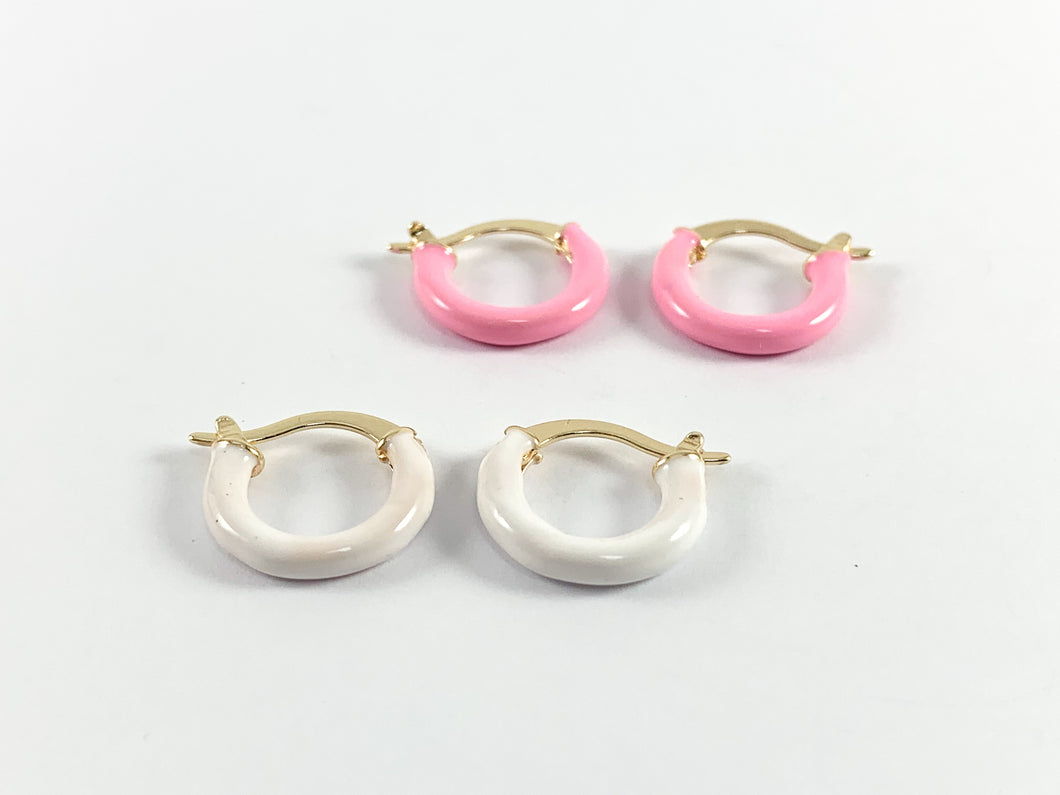 Real Gold 18K Plated Enamel Pink White Gold Earring Hoop Huggies 5 pairs