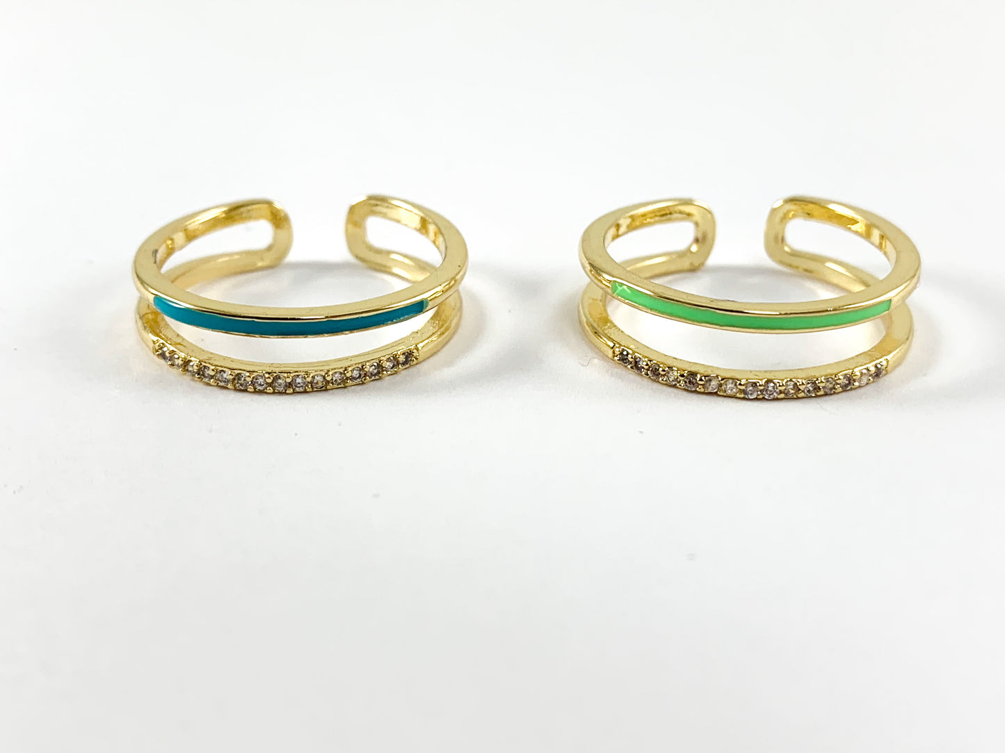 Neon Colorful Enamel 18K Gold Plated Copper CZ Pave Double Band Adjustable Ring 4pcs