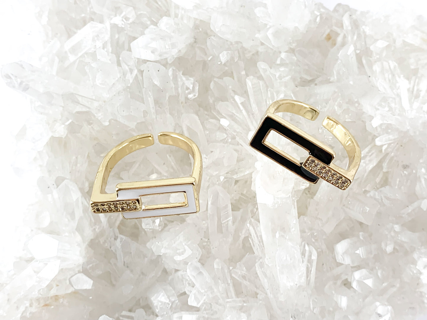 18K Real Gold Plated CZ Pave Enamel Geometric Vintage Open Rectangle Statement Ring 4pcs