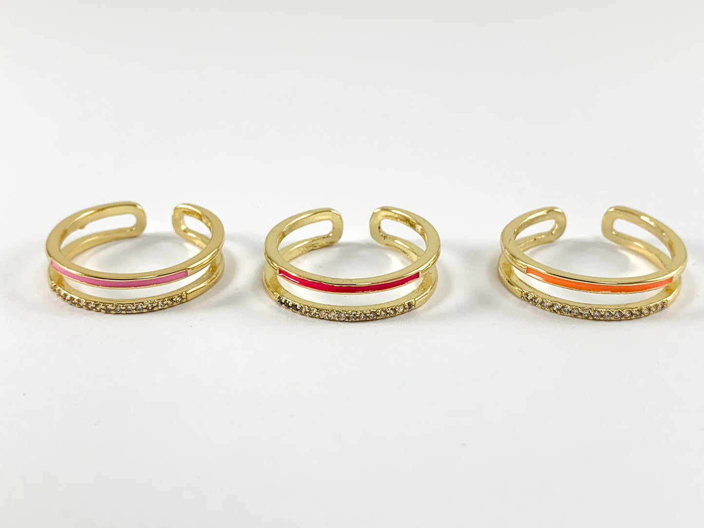 Neon Colorful Enamel 18K Gold Plated Copper CZ Pave Double Band Adjustable Ring 4pcs