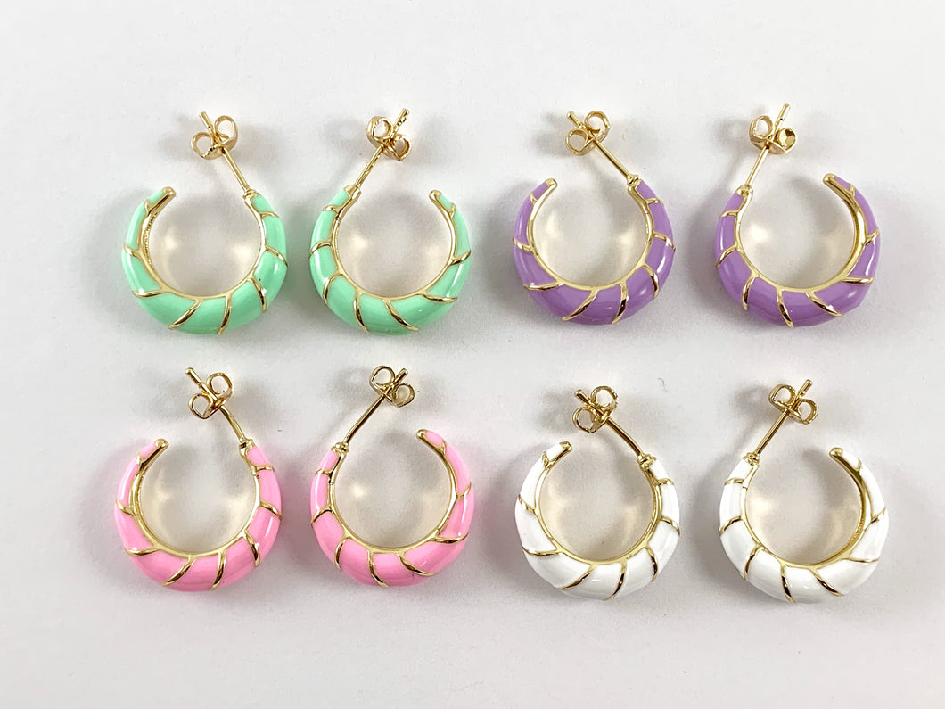 Real Gold 18K Plated Enamel Pastel Neon Gold Earring Hoops 3 pairs