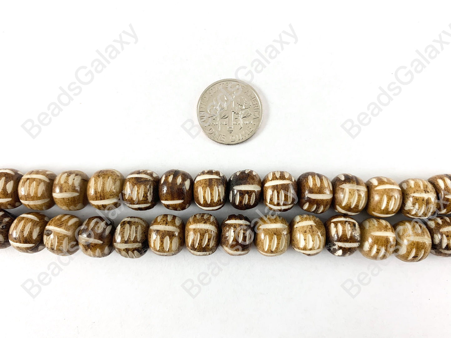 Hand Carved Bone -Tan Brown Etched Shiny Glossy Finish Bone Beads