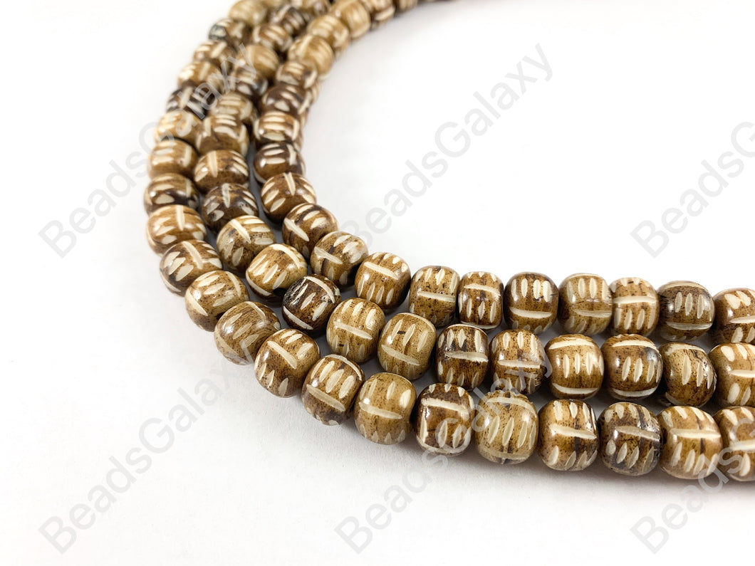 Hand Carved Bone -Tan Brown Etched Shiny Glossy Finish Bone Beads