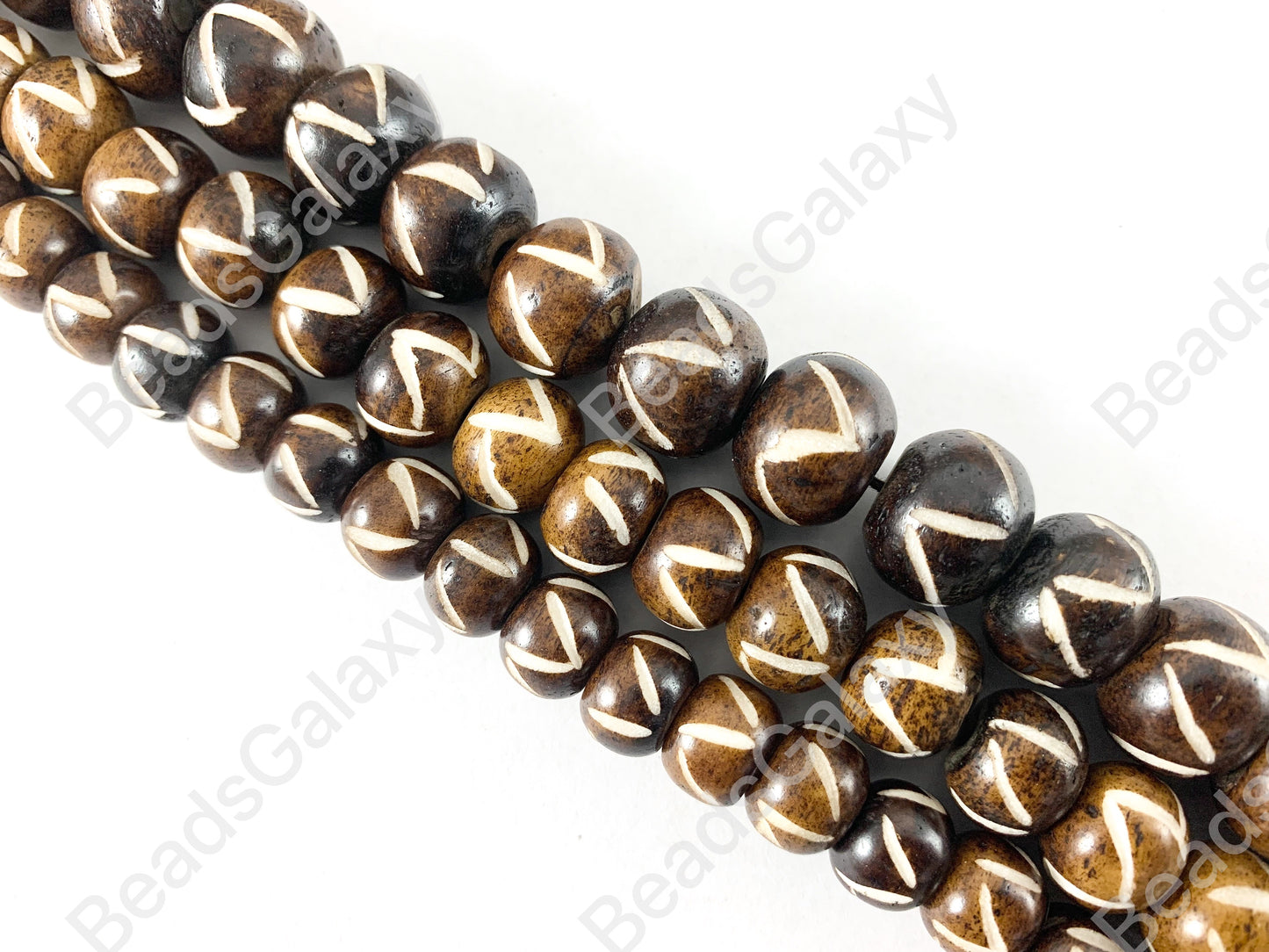 Hand Carved Bone - Brown Etched Zigzag Pattern Shiny Glossy Finish Bone Beads