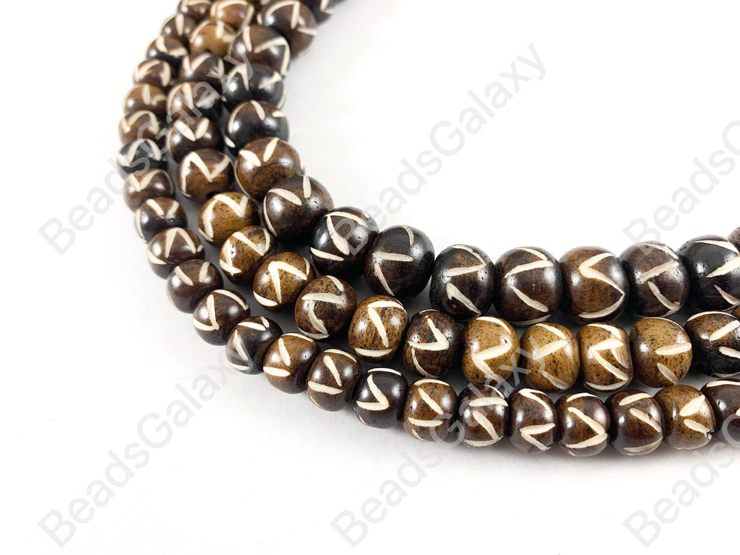 Hand Carved Bone - Brown Etched Zigzag Pattern Shiny Glossy Finish Bone Beads