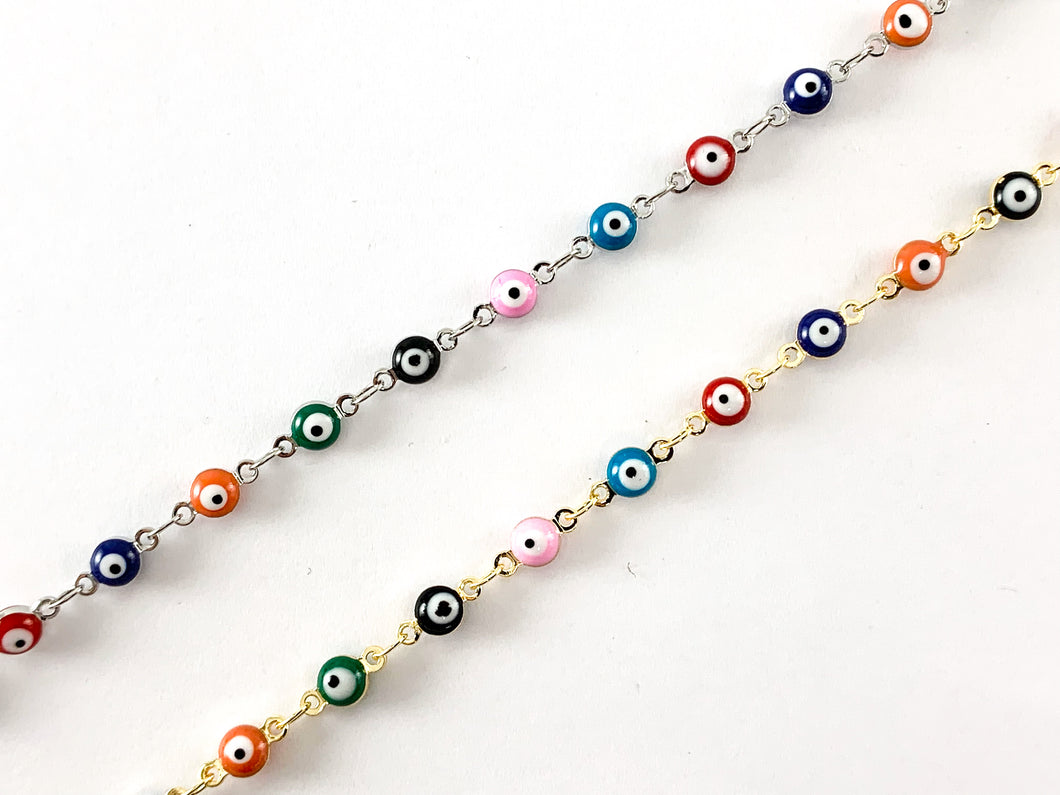 Real Gold/Platinum 18K Plated Enamel Multicolor Rainbow Tiny Evil Eye Chain