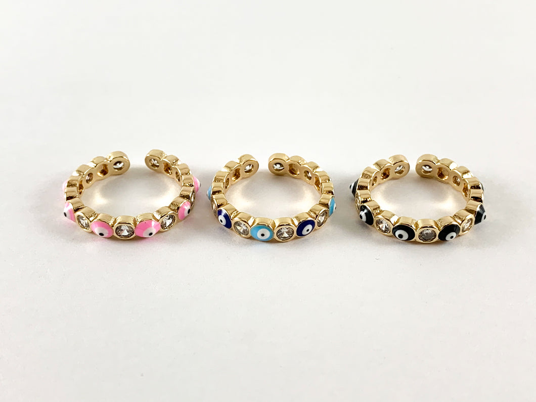 Colorful Enamel 18K Gold Plated Copper CZ Pave Evil Eye Adjustable Ring 4 pcs