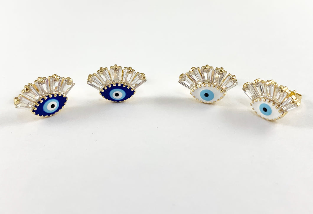 Cute Blue Evil Eye Earring Studs with CZ Pave in 18K gold plated Copper 5 pairs