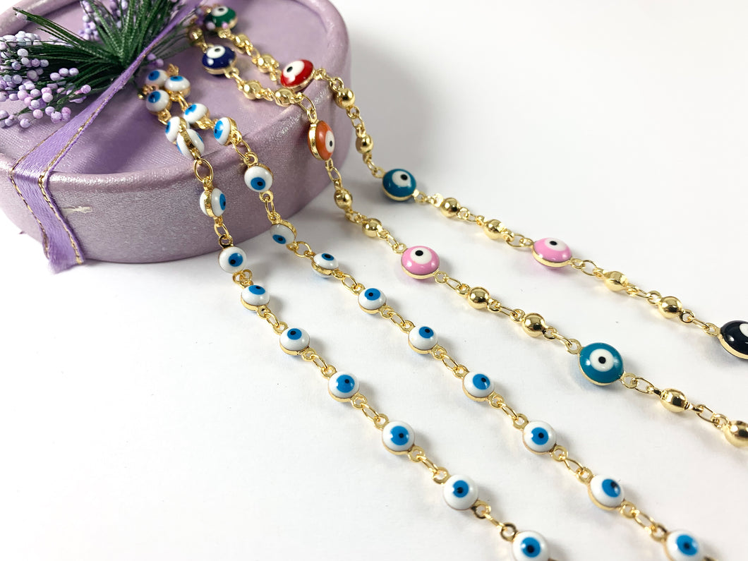 Real Gold 18K Plated Enamel Multicolor Blue White Tiny Evil Eye Yard Spool Chain