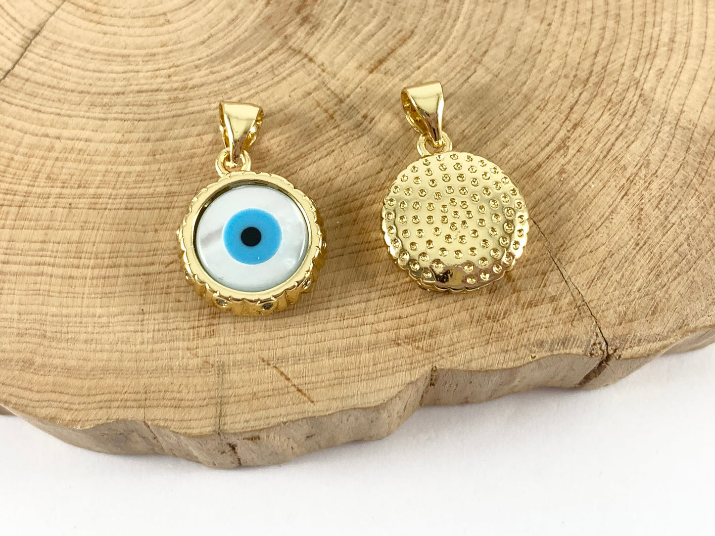 18K Real Gold Plated Brass CZ Pave Shell Eye Coin Circle Shape Charm Pendant 4 pcs