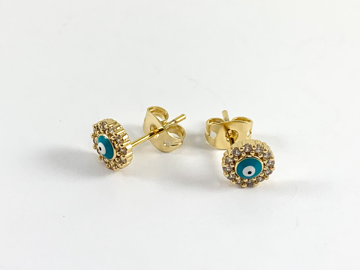 Pendientes de tuerca con pavé de circonita cúbica esmaltada de oro real de 18 quilates, color turquesa, con pavé de mal de ojo, sobre latón, 5 pares
