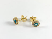 Load image into Gallery viewer, Real Gold 18K Enamel CZ Pave Turquoise Evil Eye Pave Stud Earrings over Brass 5 pairs
