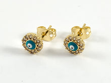 Load image into Gallery viewer, Real Gold 18K Enamel CZ Pave Turquoise Evil Eye Pave Stud Earrings over Brass 5 pairs
