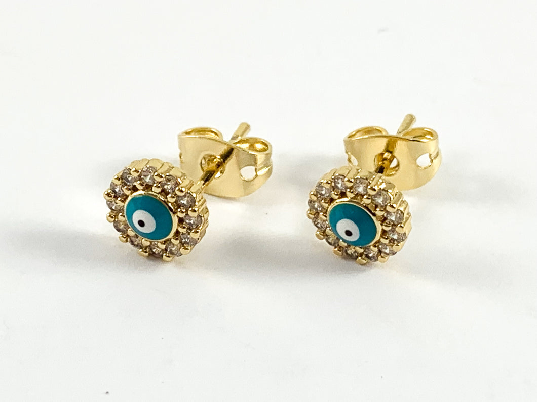 Real Gold 18K Enamel CZ Pave Turquoise Evil Eye Pave Stud Earrings over Brass 5 pairs