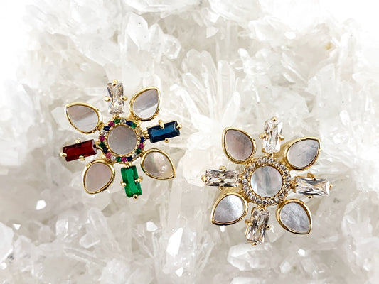 Real Gold 18K Plated CZ Pave Pearl Cluster Adjustable Ring 4pcs