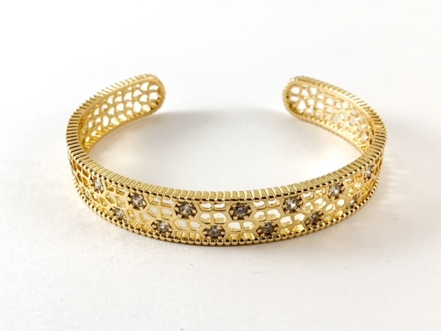 Real Gold/Platinum 18K Plated Copper CZ Pave Filigree Shiny Bracelet Cuffs