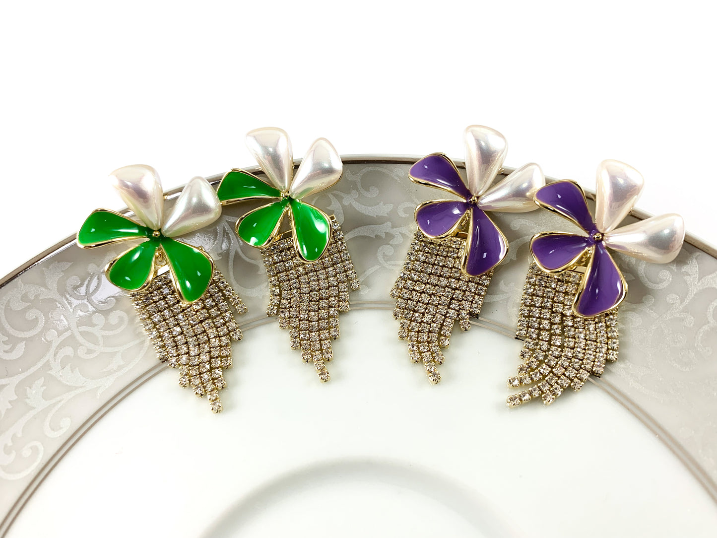 Real 18K Gold Plated Enamel Green Purple Pearl Daisy Flower Rhinestone Fringe Tassel Earrings Over Copper 1 pair